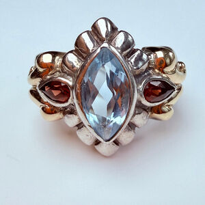 14K Yellow Gold Designer ADI Topaz & Garnet Sterling Silver 925 Classic VTG Ring